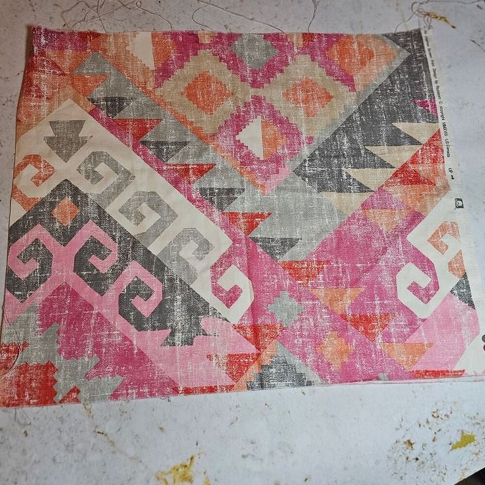 Richloom Screen Print Fabric Remnant • Southwest Aztec Pink/Orange/Grey • 23"x19
